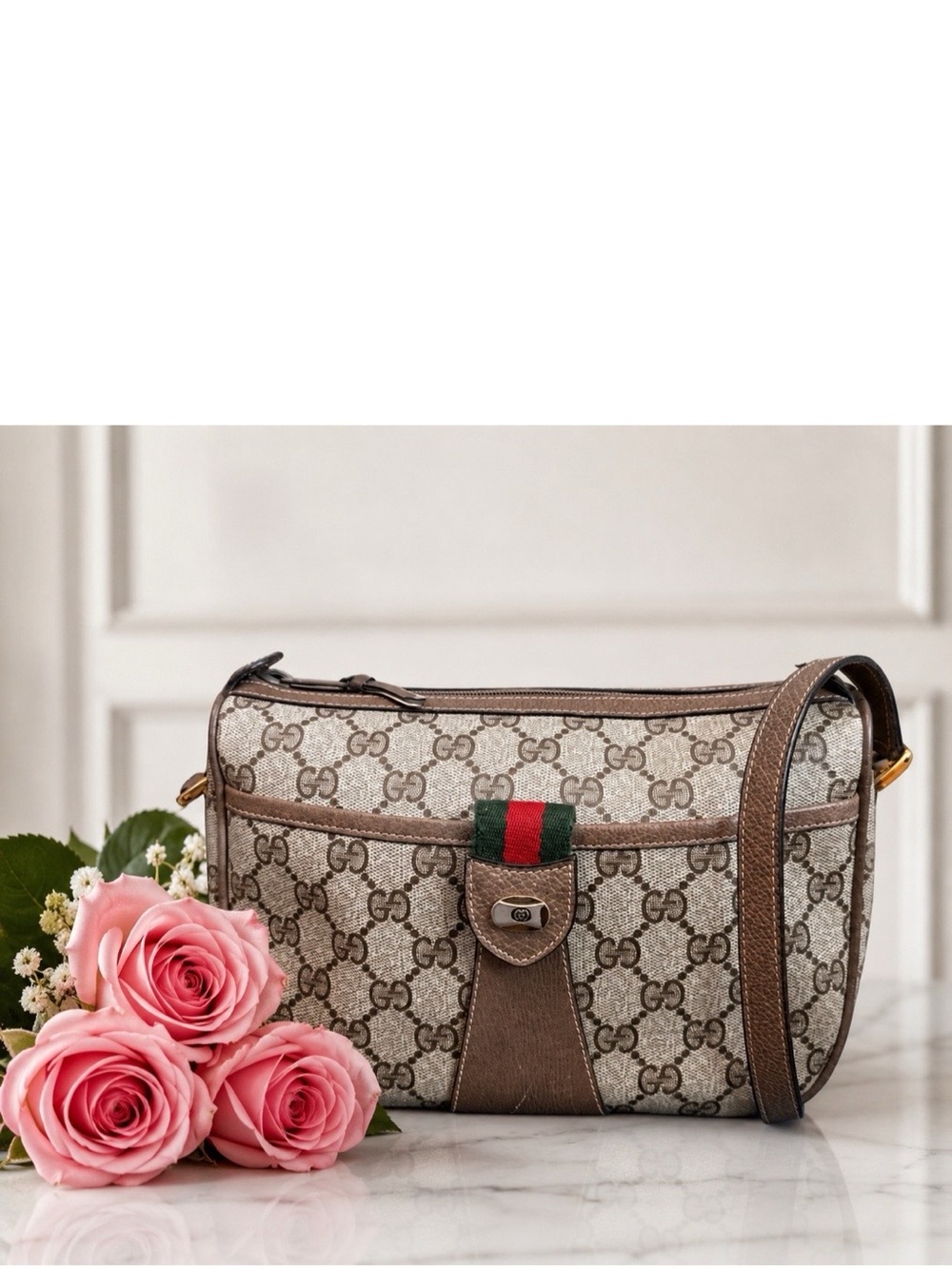 Vintage Gucci GG Supreme Web Stripe Crossbody Shoulder Bag Brown Leather